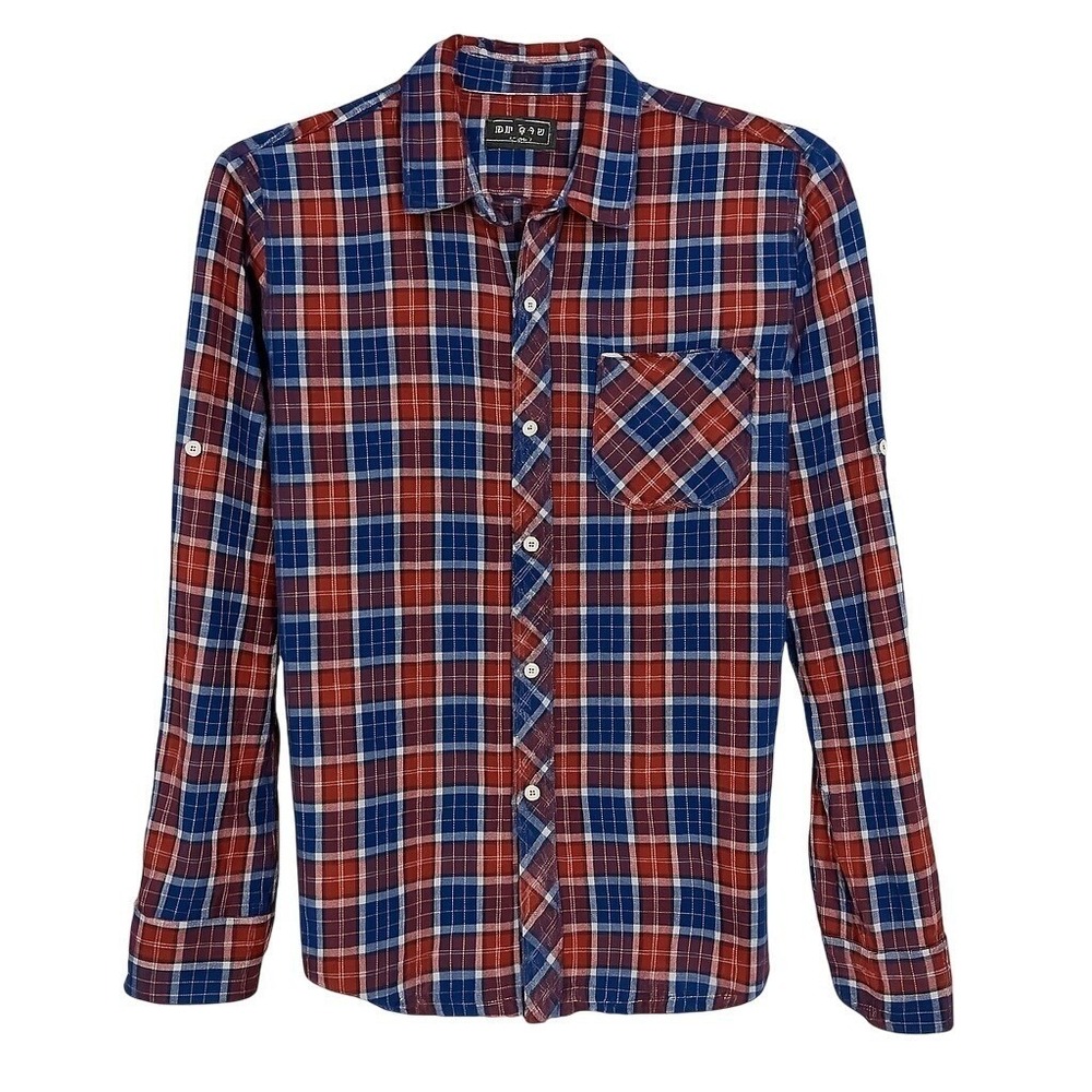 Jeep Plaid Flannel Button Down Shirt Womens S Red Blue Roll Tab Sleeve S